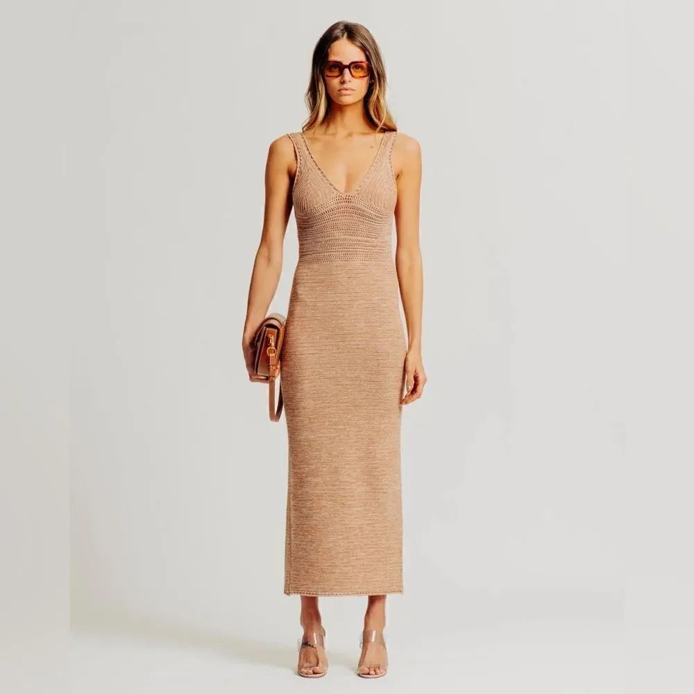 NWT Ronny Kobo Darcy Madi Open-Back Knit Maxi Dress S BROWN SAND